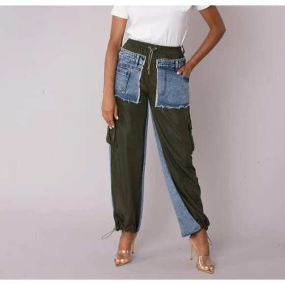 Micas Woman’s Multi Pocket Wide-Leg Cargo Jeans Size L Two-Tone Denim & Olive Gr - Picture 1 of 16